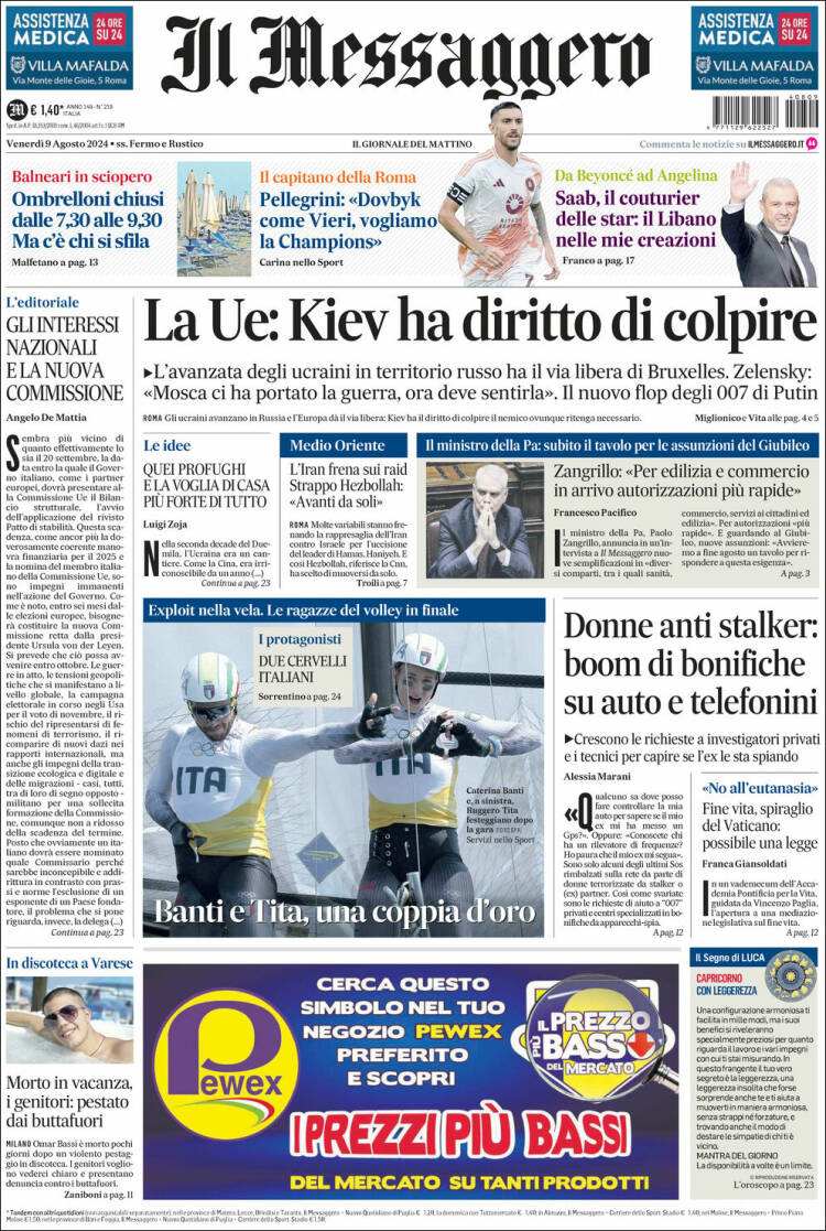 Portada de Il Messaggero (Italia)
