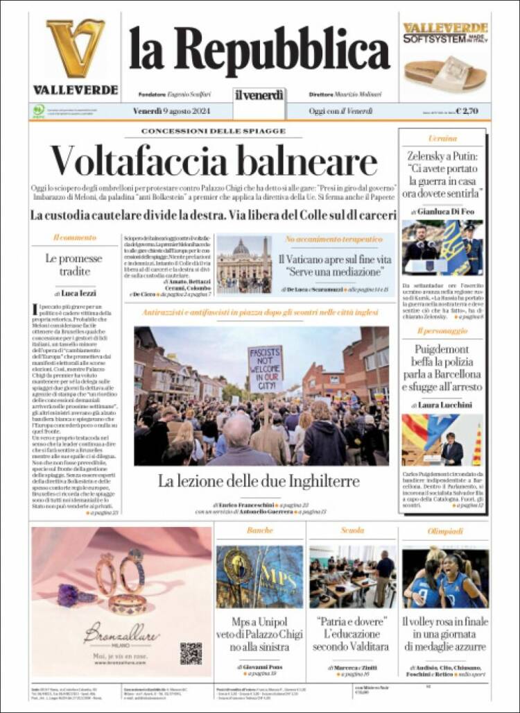 Portada de La Repubblica (Italia)