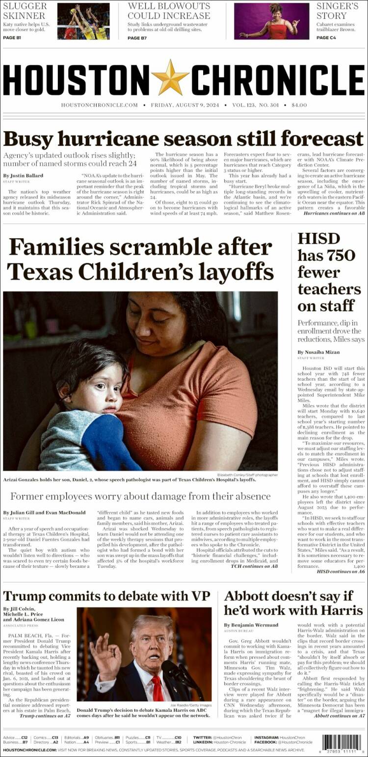 Portada de Houston Chronicle (USA)