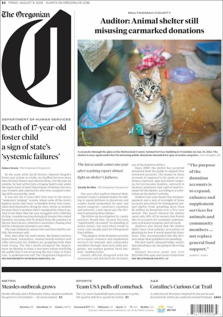 Portada de The Oregonian (USA)