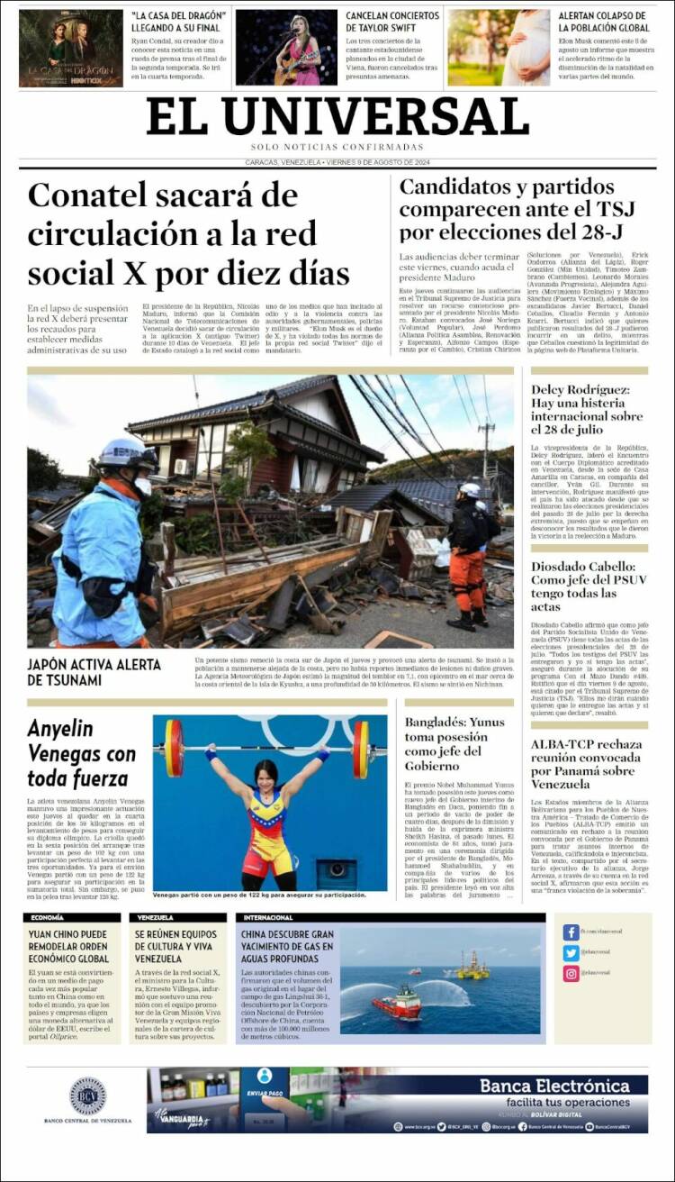 Portada de Universal (Venezuela)