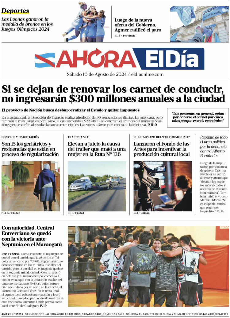 Portada de El Día de Gualeguaychú (Argentina)