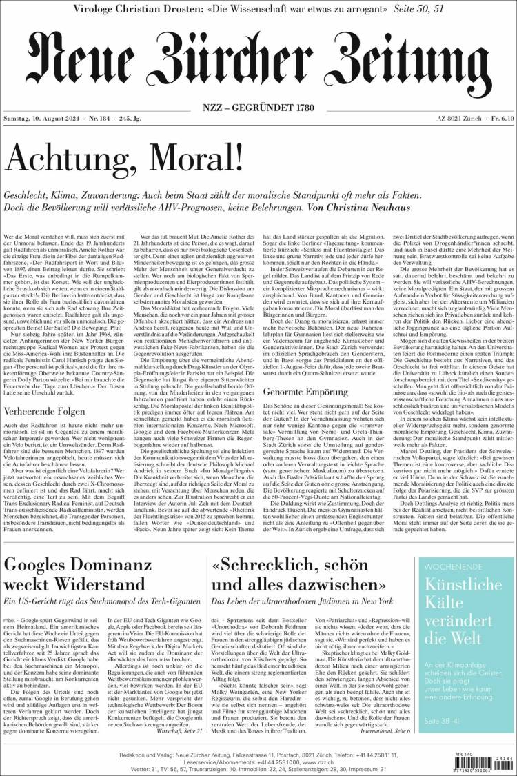 Portada de Neue Zürcher Zeitung (Suiza)