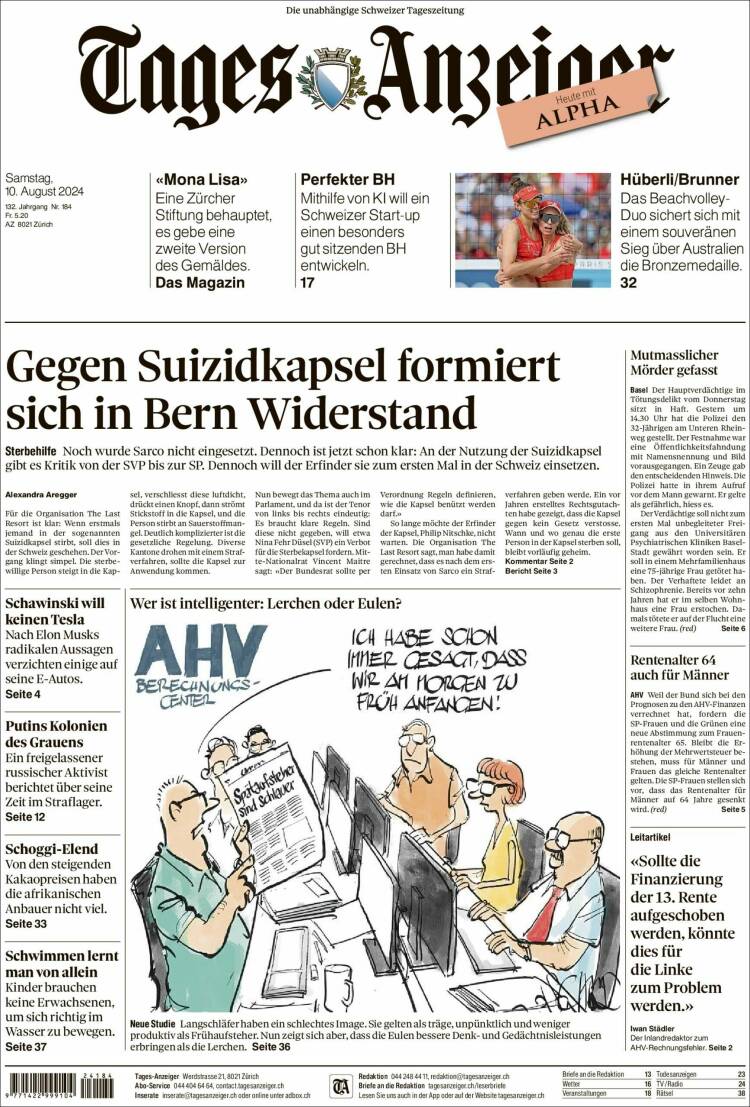 Portada de Tages-Anzeiger (Suiza)
