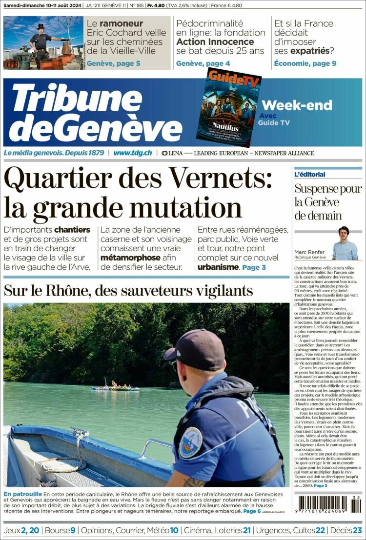 Portada de La Tribune de Genève (Suiza)