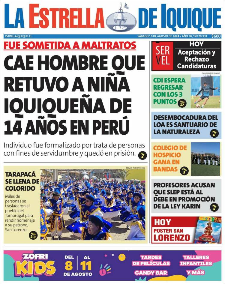 Portada de La Estrella de Iquique (Chile)