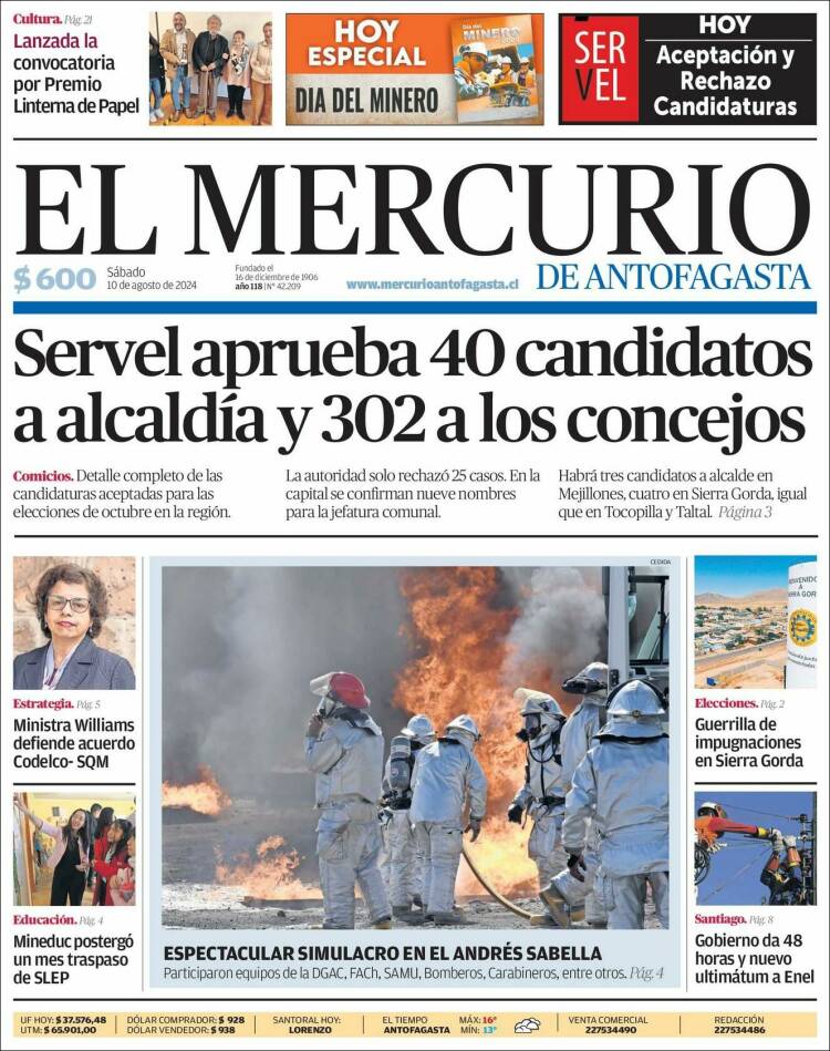 Portada de El Mercurio de Antofagasta (Chile)
