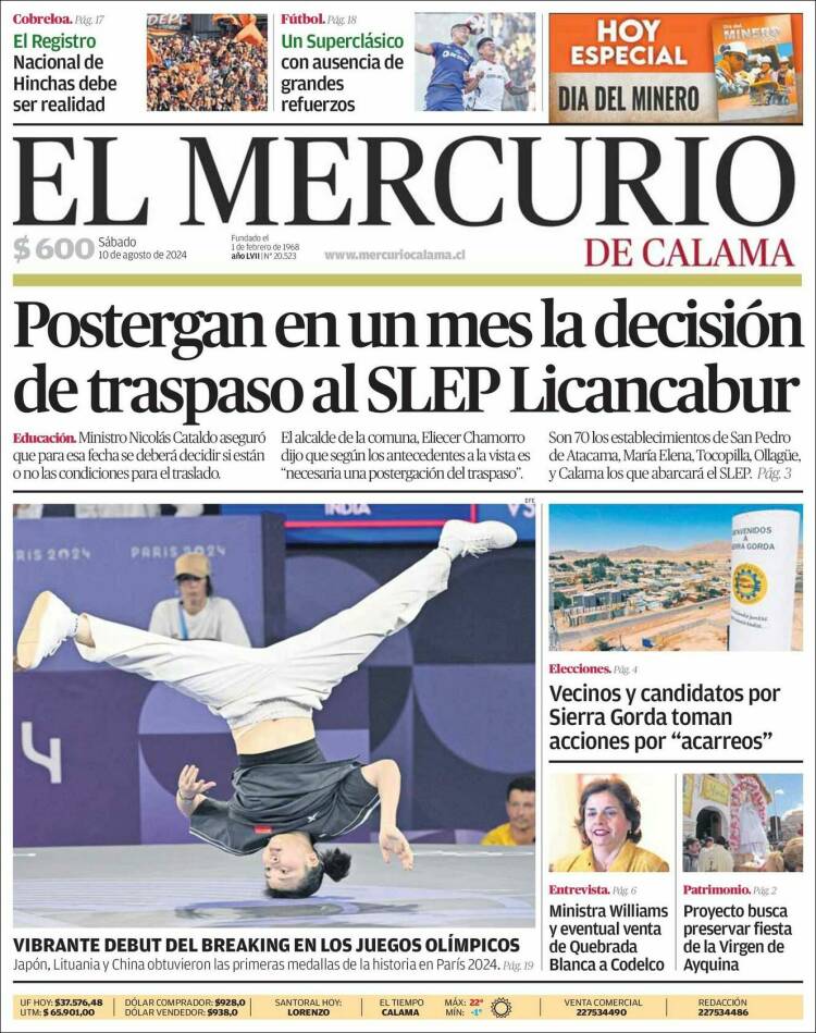 Portada de El Mercurio - Calama (Chile)