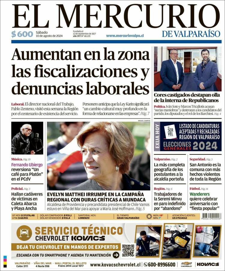 Portada de Mercurio de Valparaiso (Chile)