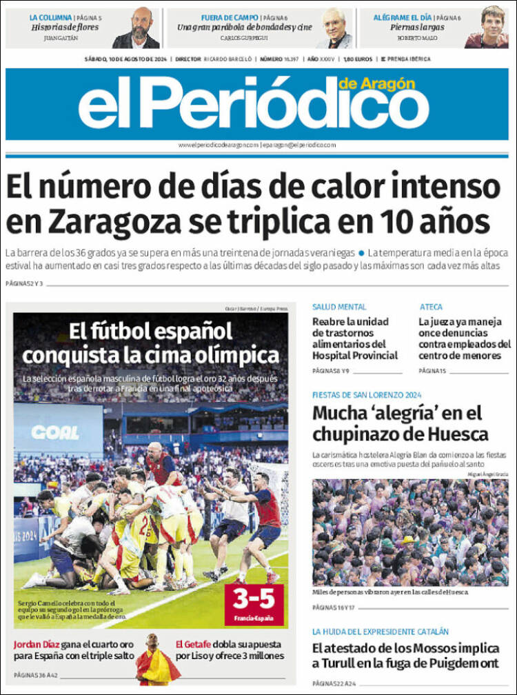 Portada de El Periódico de Aragón (España)
