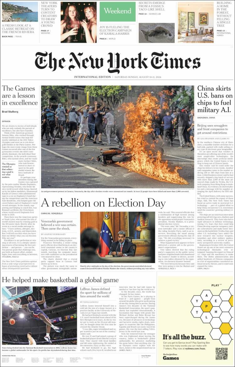 Portada de International New York Times (Europa)