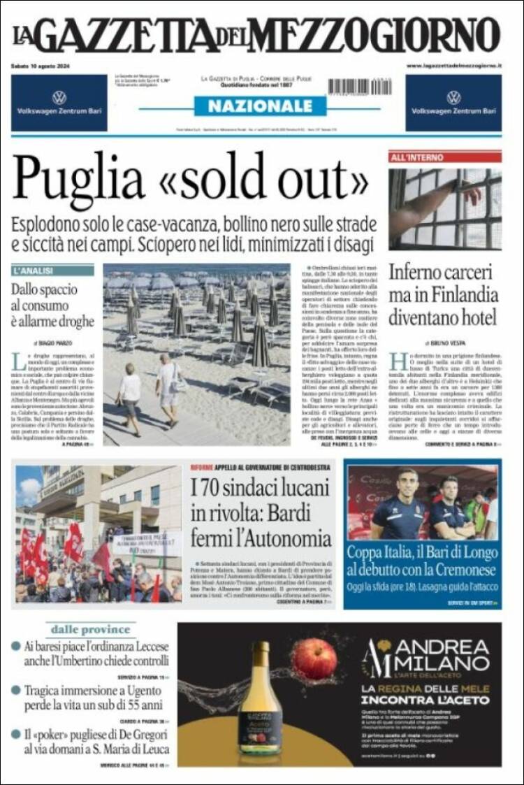 Portada de La Gazzetta del Mezzogiorno (Italia)