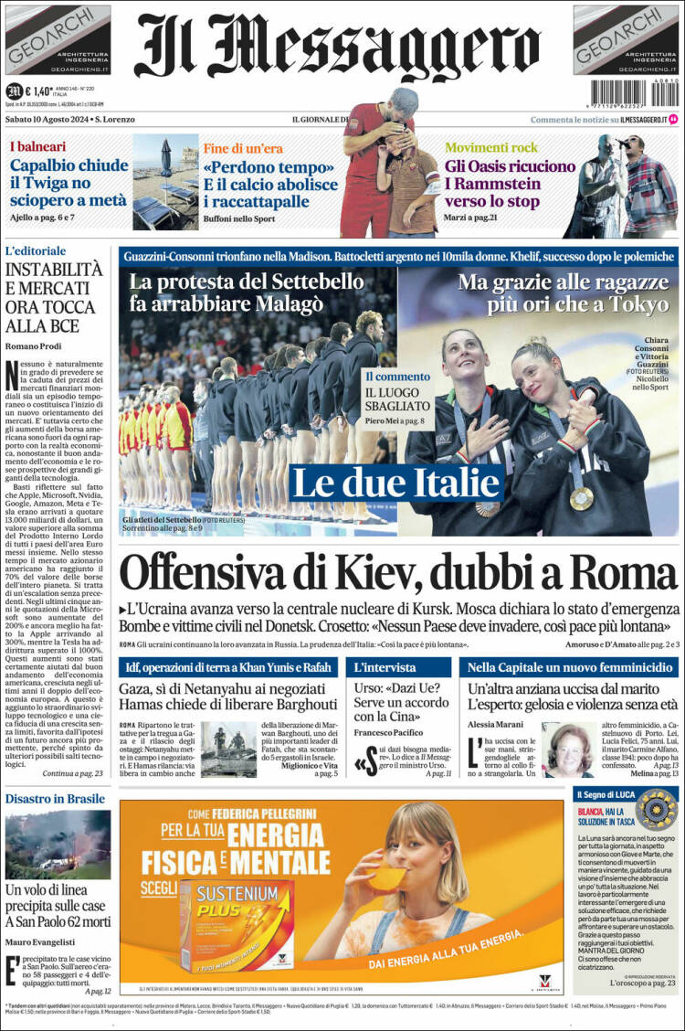 Portada de Il Messaggero (Italia)