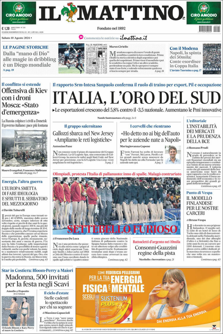 Portada de Il Mattino (Italia)