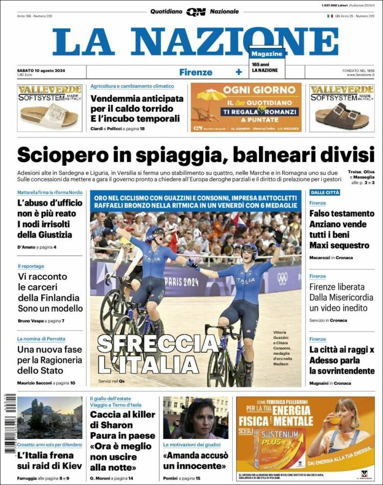Portada de La Nazione (Italia)