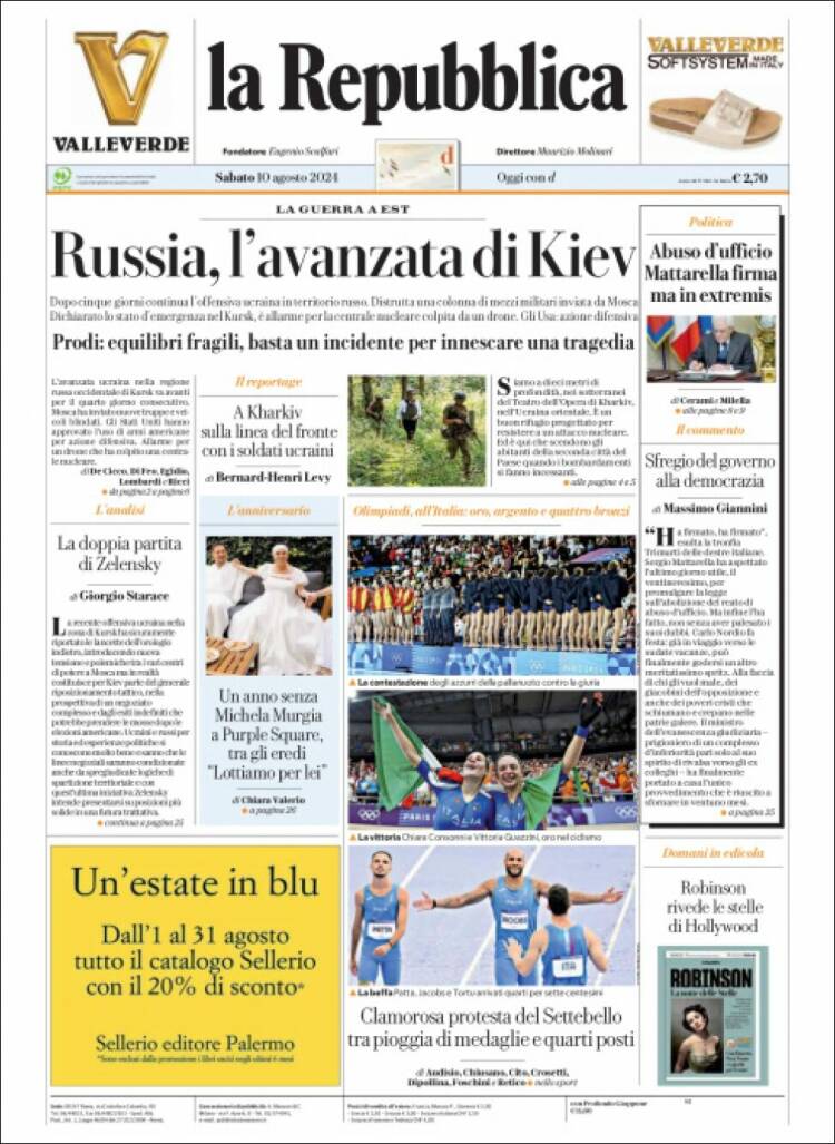 Portada de La Repubblica (Italia)