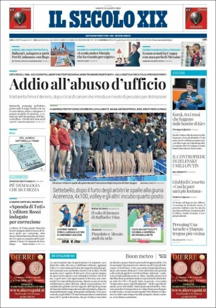Portada de Il Secolo XIX (Italia)
