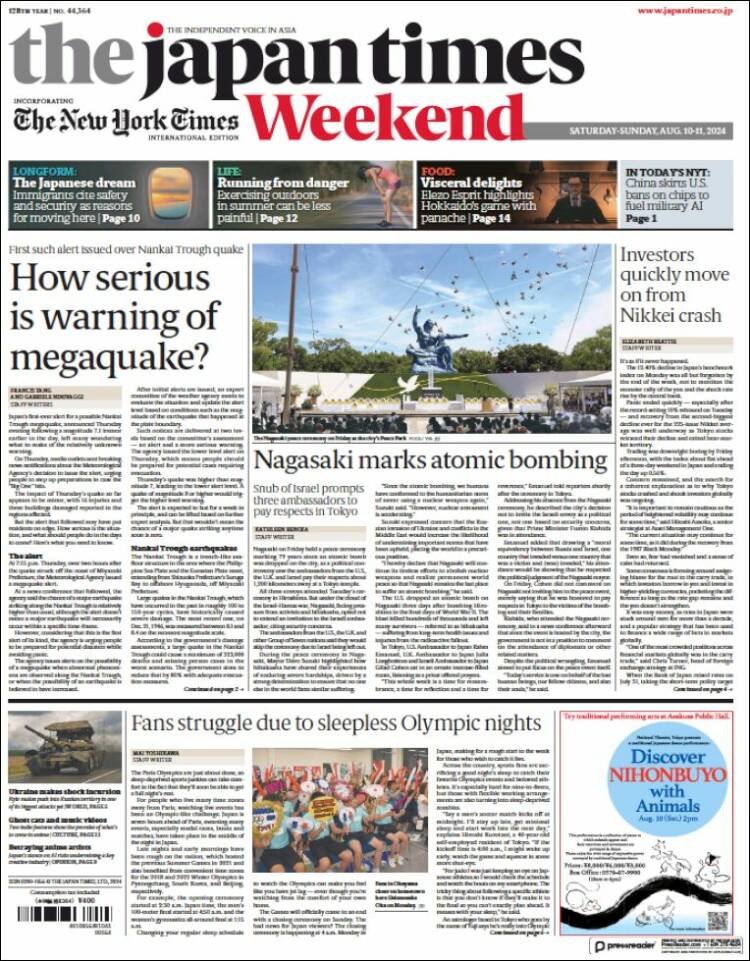 Portada de The Japan Times (Jap&oacute;n)