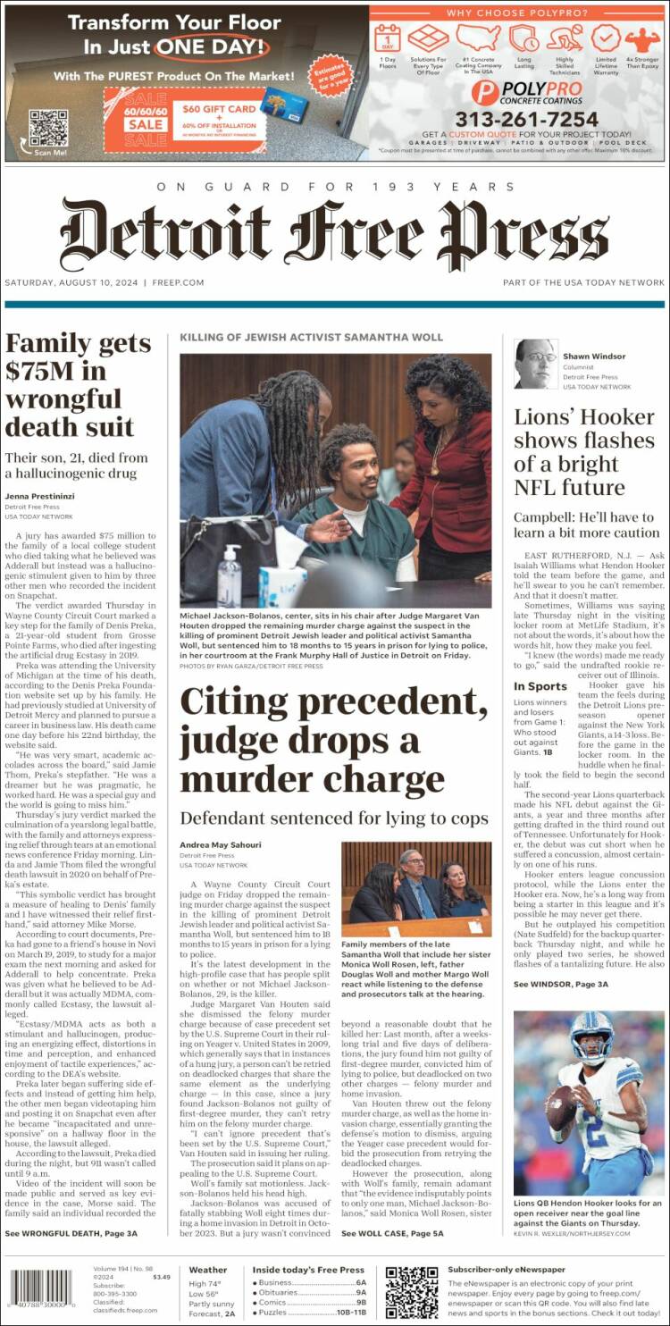 Portada de Detroit Free Press (USA)