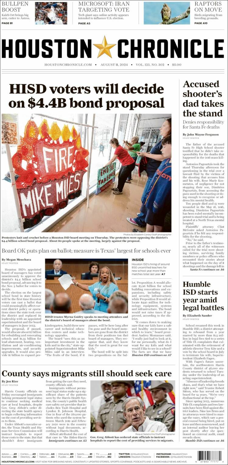 Portada de Houston Chronicle (USA)