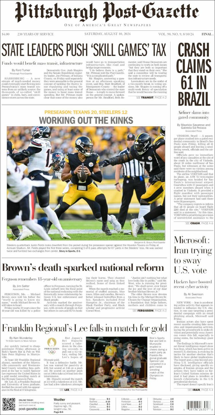 Portada de Pittsburgh Post-Gazette (USA)