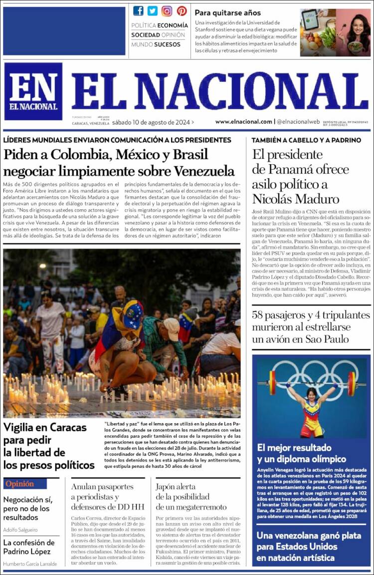 Portada de El Nacional (Venezuela)