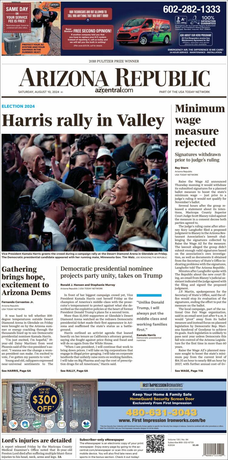 Portada de Arizona Republic News (USA)