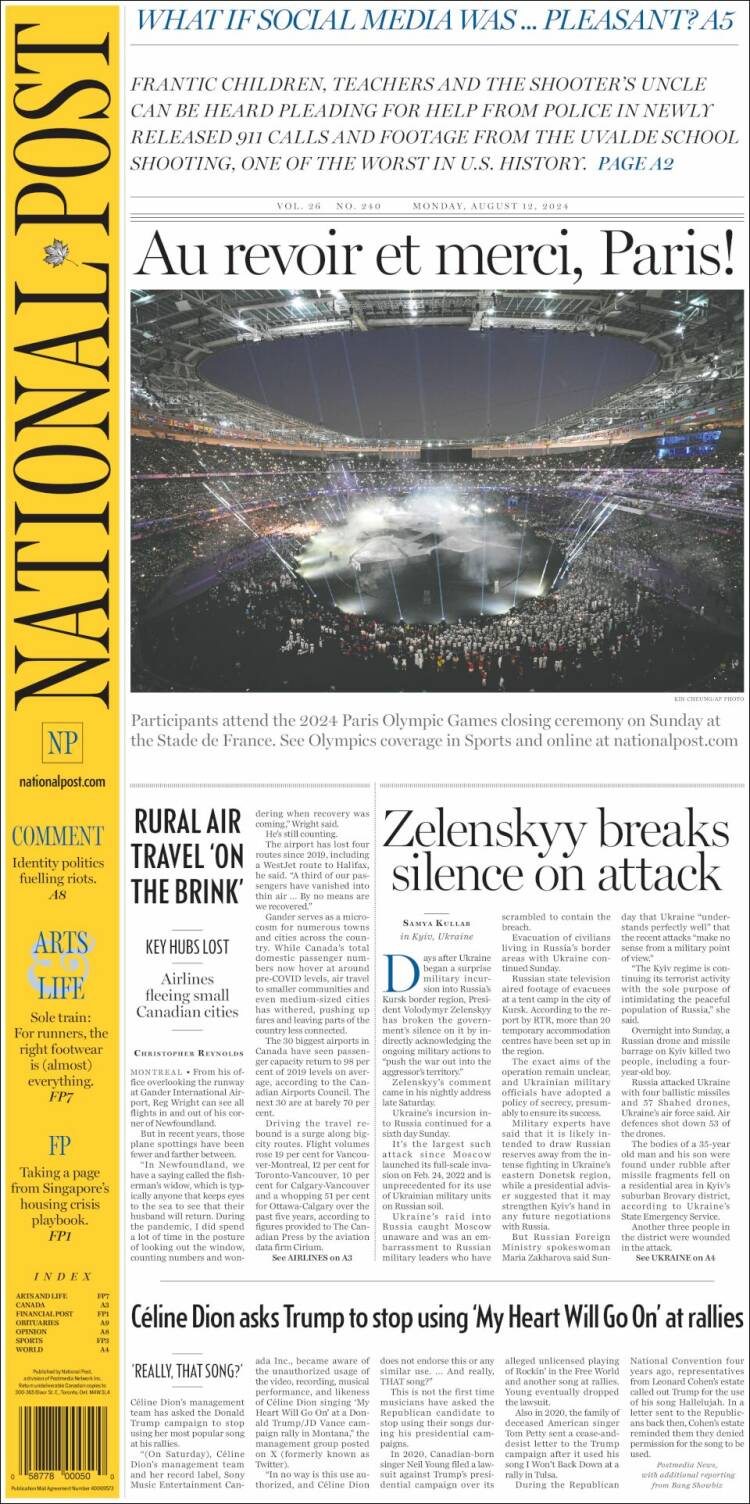 Portada de The National Post (Canadá)