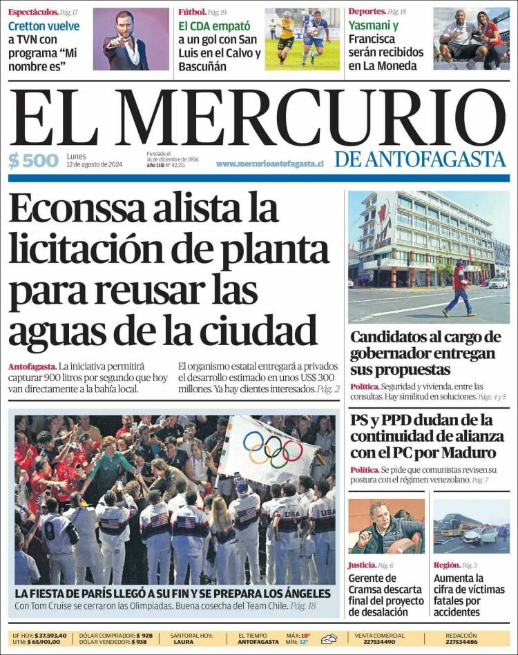 Portada de El Mercurio de Antofagasta (Chile)