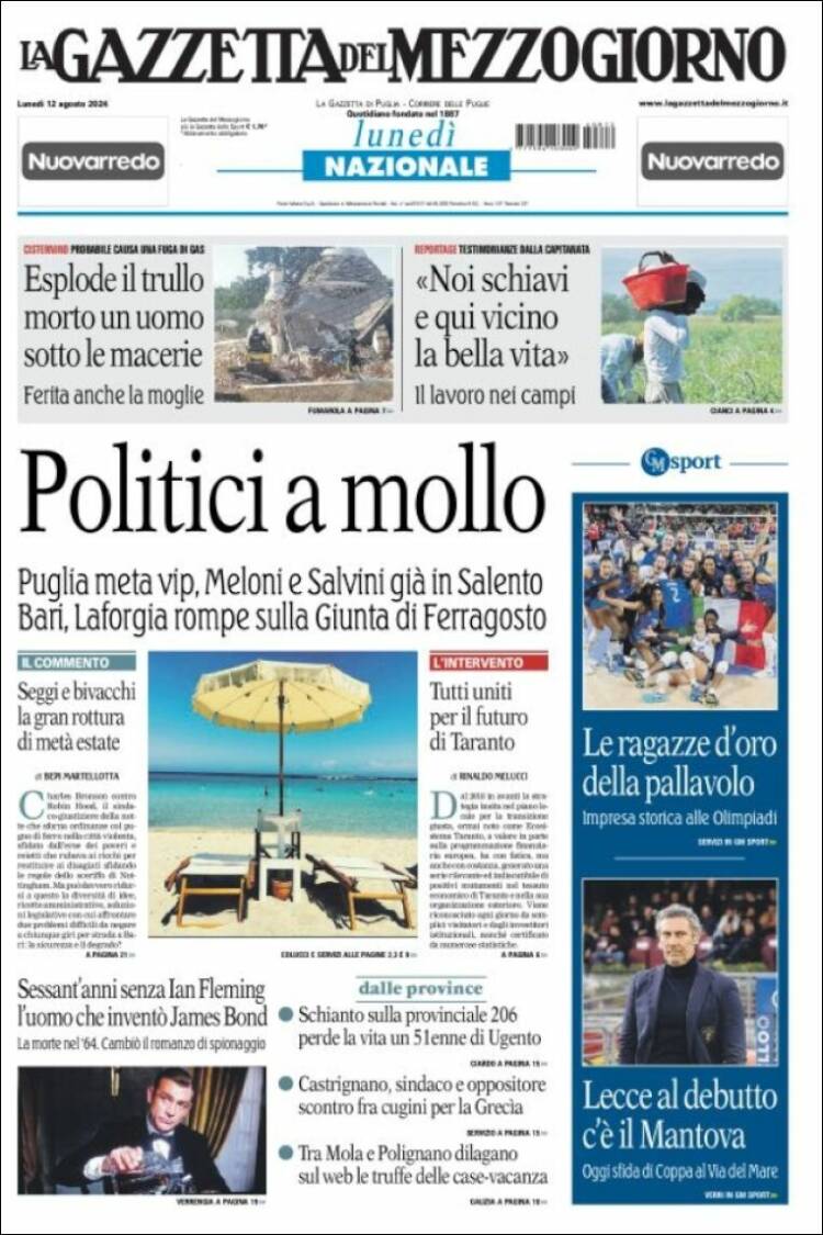 Portada de La Gazzetta del Mezzogiorno (Italia)