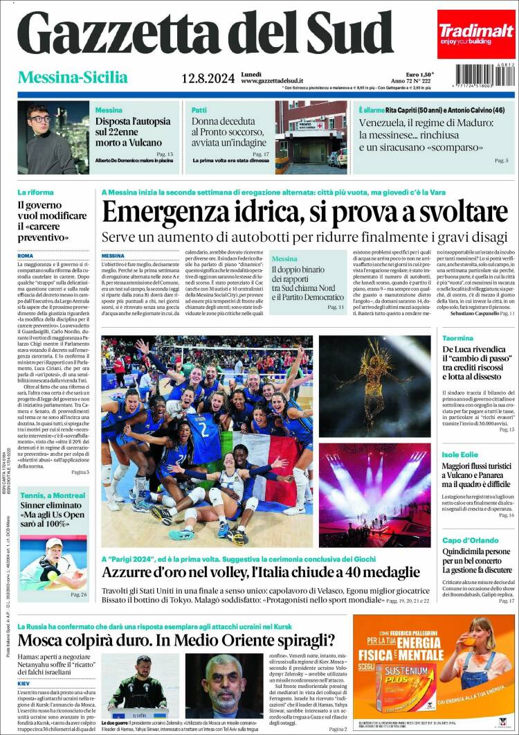 Portada de Gazzetta del Sud (Italia)