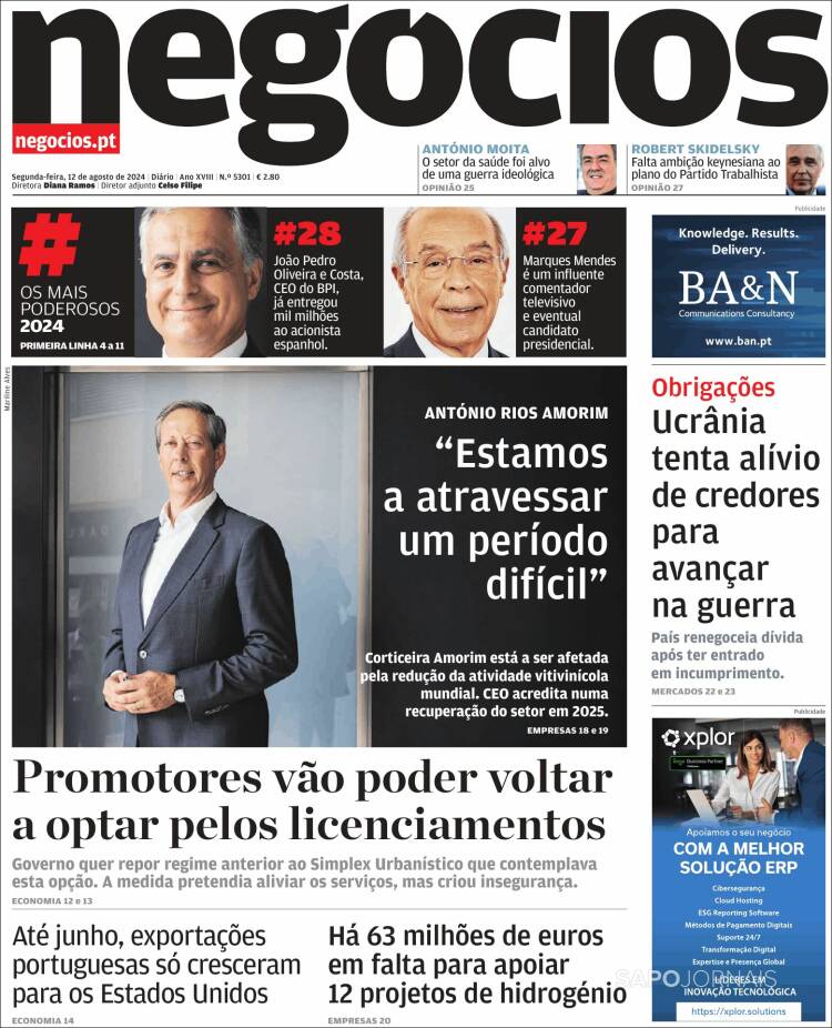Portada de Jornal de Negócios (Portugal)