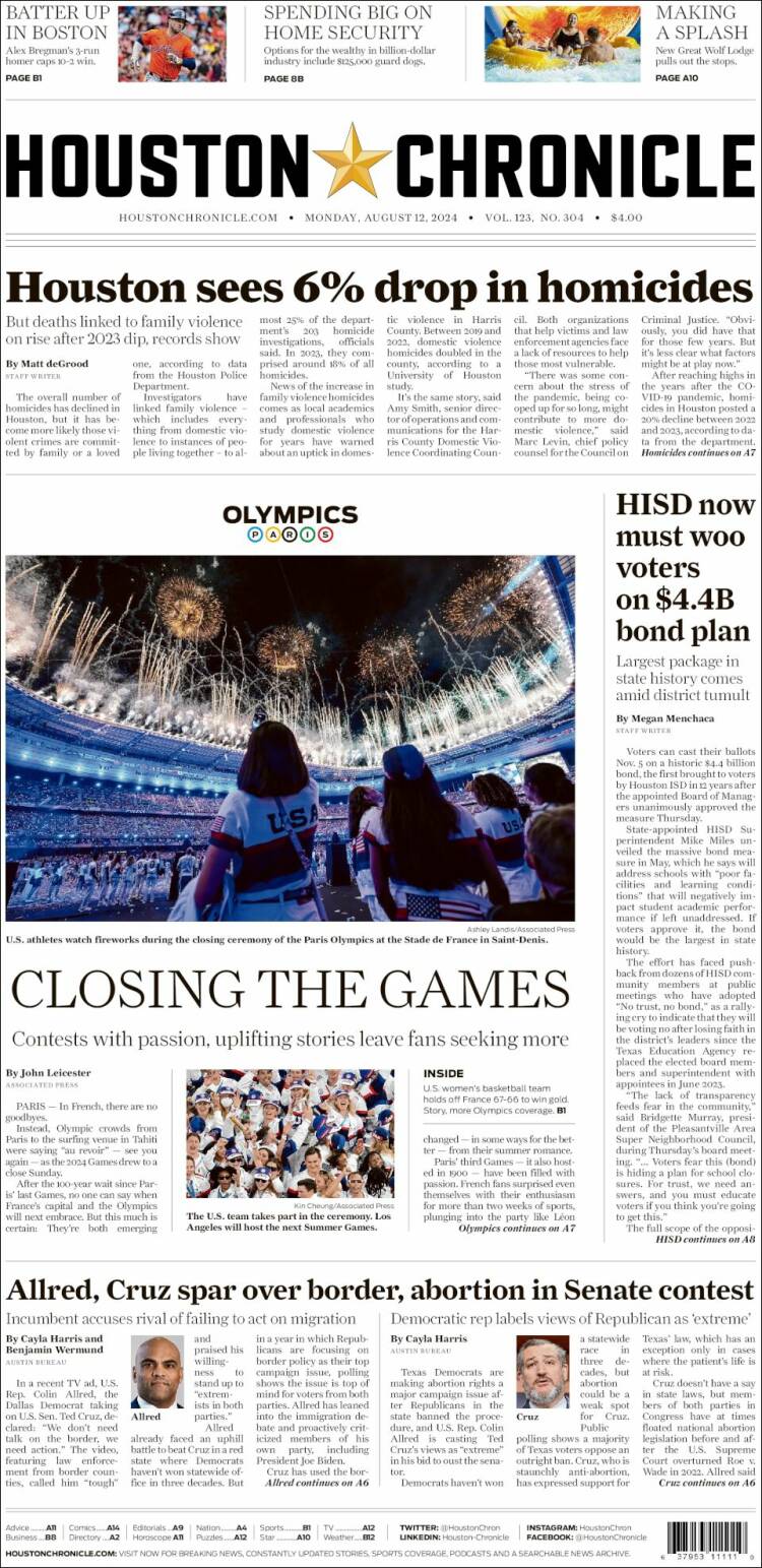 Portada de Houston Chronicle (USA)