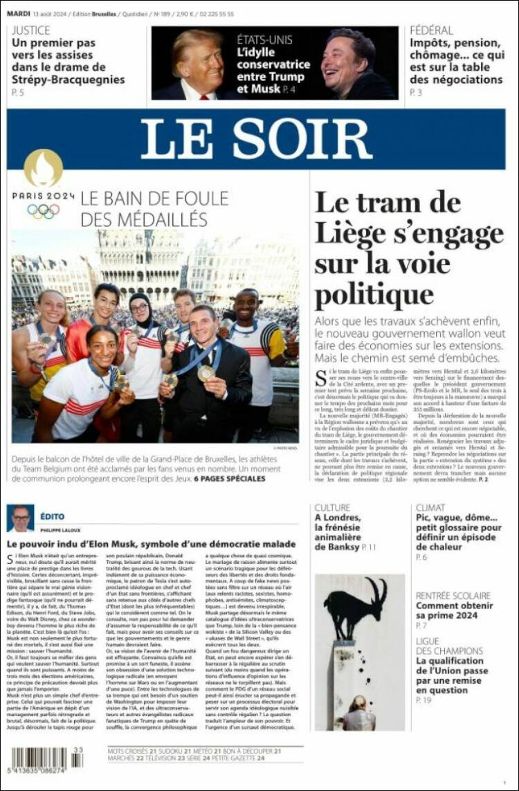 Portada de Le Soir (Bélgica)