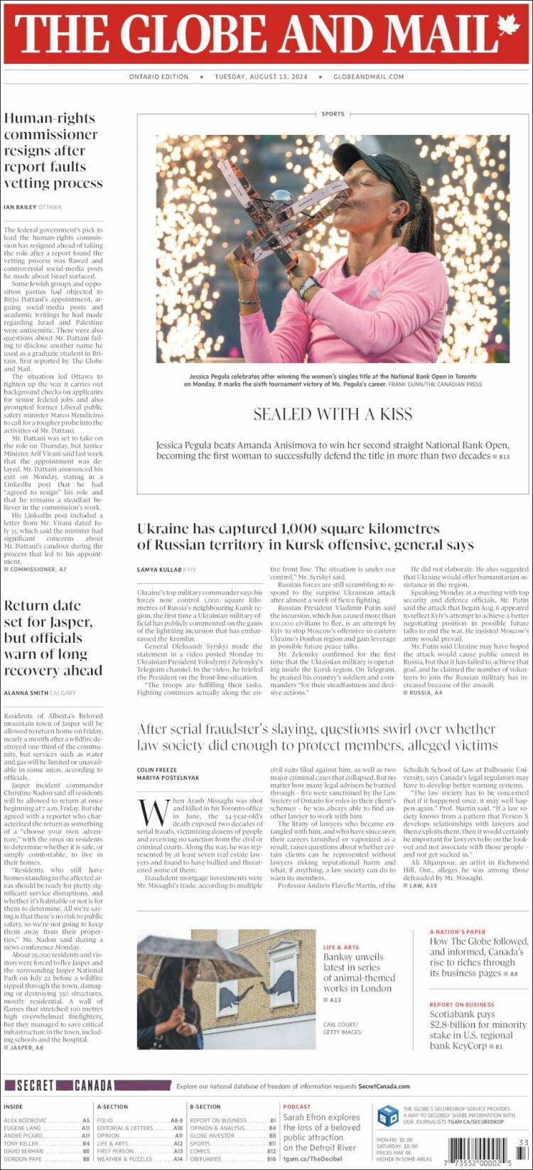 Portada de The Globe and Mail (Canadá)