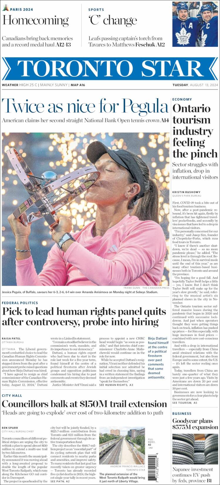 Portada de The Toronto Star (Canadá)