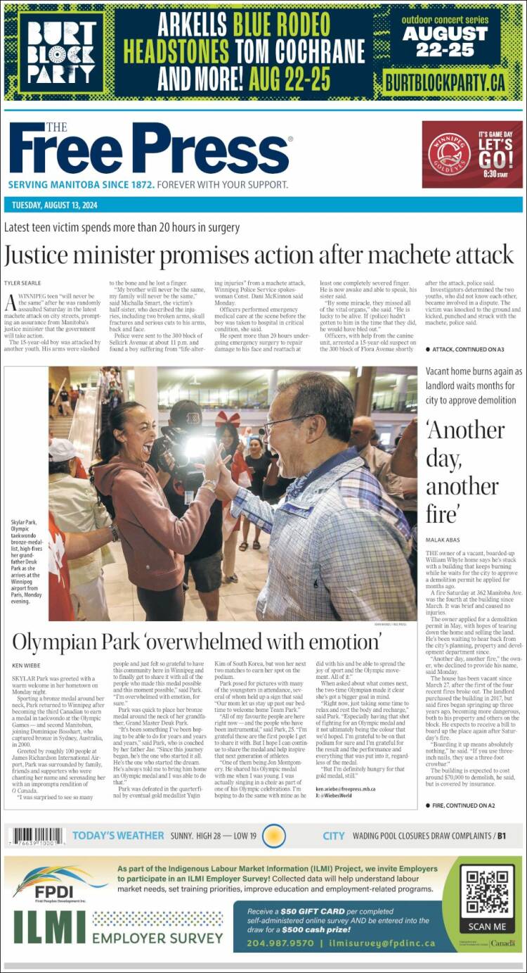 Portada de Winnipeg Free Press (Canadá)