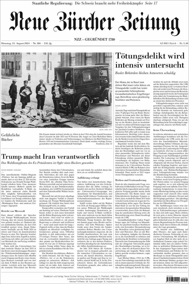 Portada de Neue Zürcher Zeitung (Suiza)