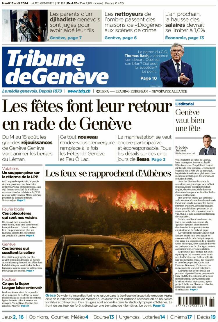 Portada de La Tribune de Genève (Suiza)