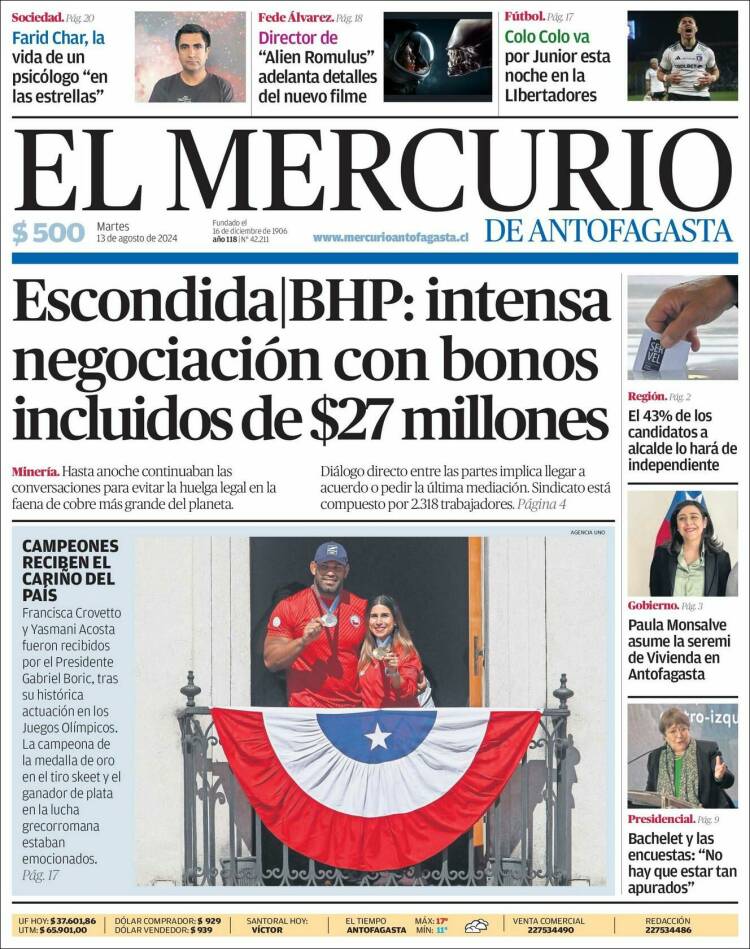 Portada de El Mercurio de Antofagasta (Chile)