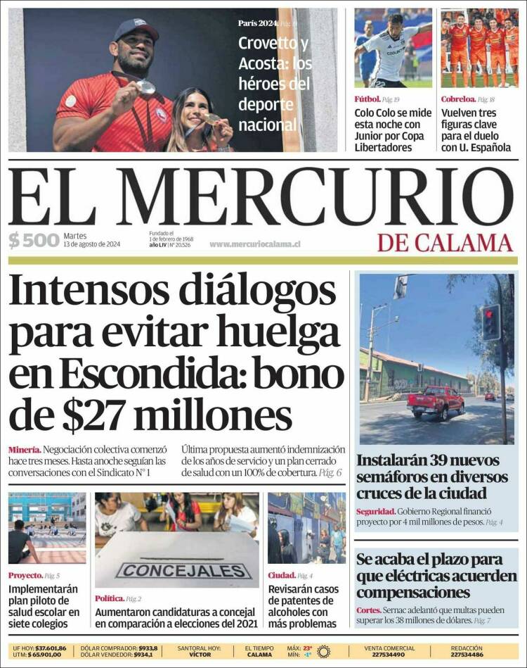 Portada de El Mercurio - Calama (Chile)