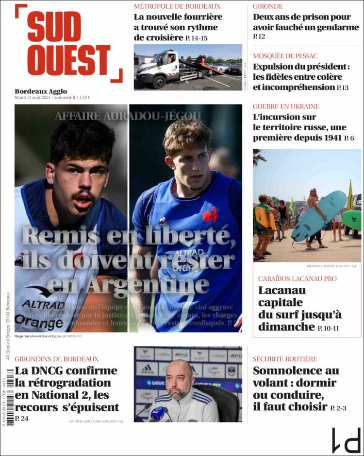 Portada de Sud Ouest (Francia)