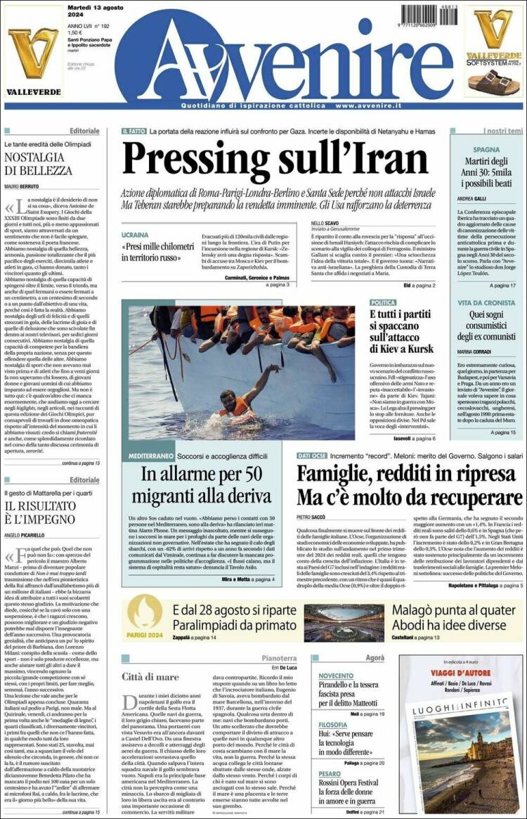 Portada de Avvenire (Italia)