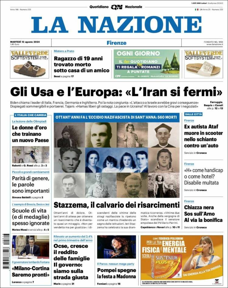 Portada de La Nazione (Italia)