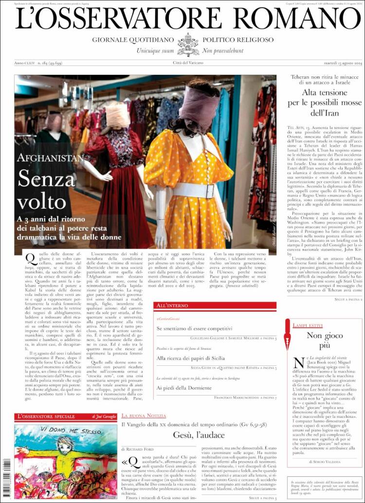 Portada de L'Osservatore Romano (Italia)