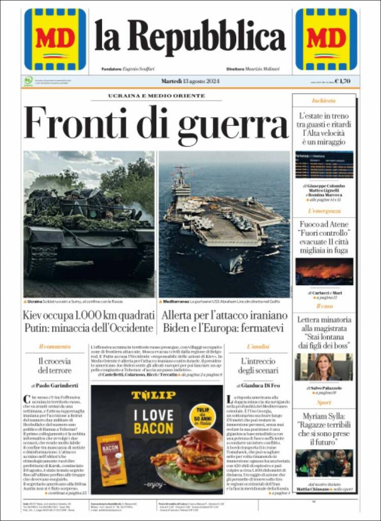 Portada de La Repubblica (Italia)