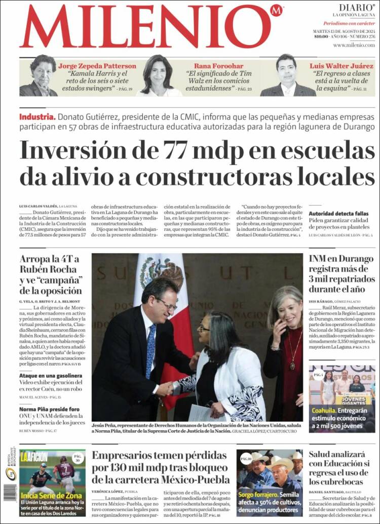 Portada de Milenio - Laguna (México)