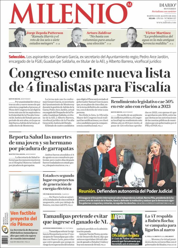 Portada de Milenio de Monterrey (México)