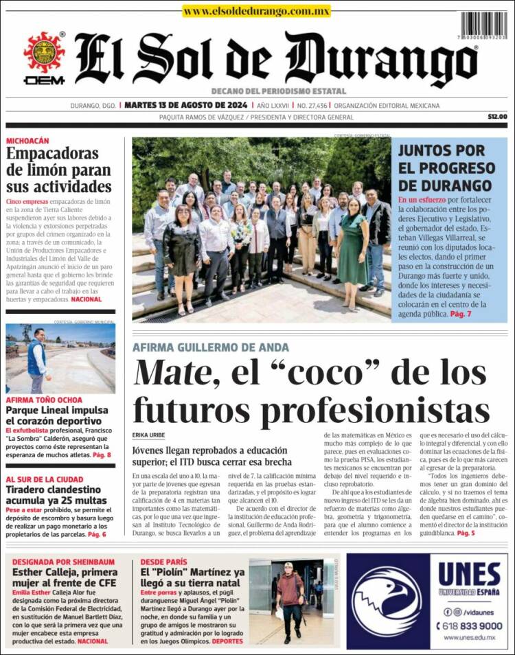 Portada de El Sol de Durango (México)