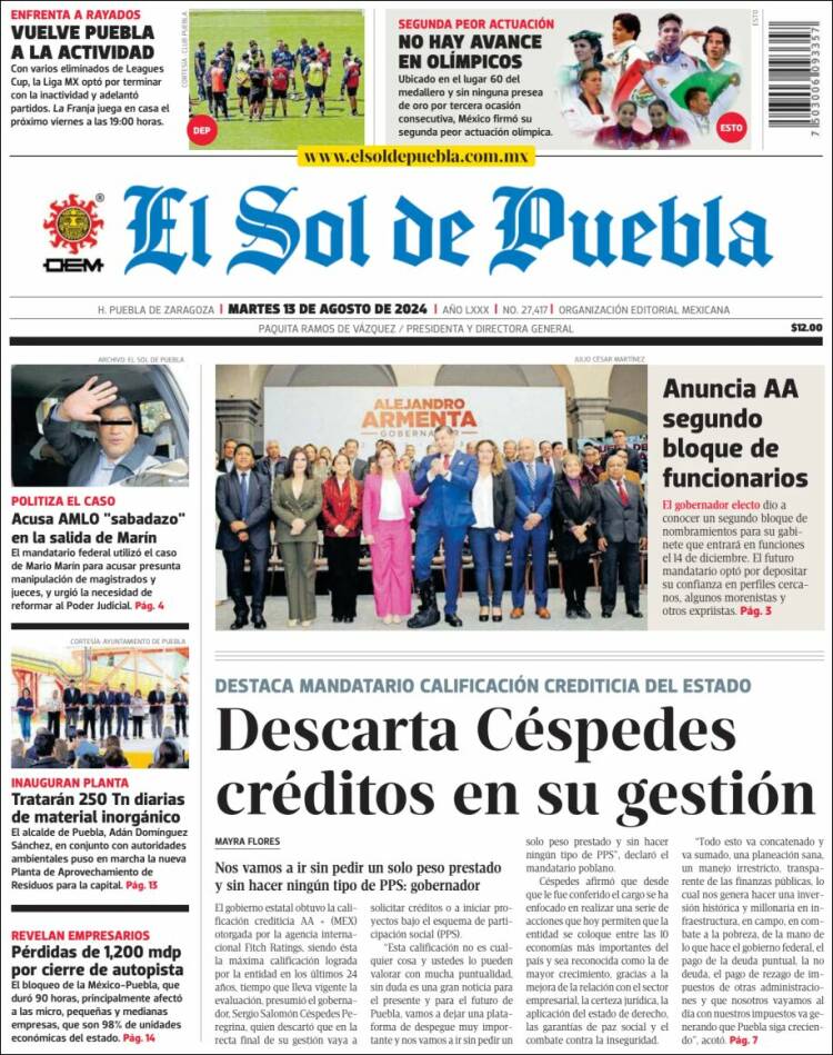 Portada de El Sol de Puebla (México)